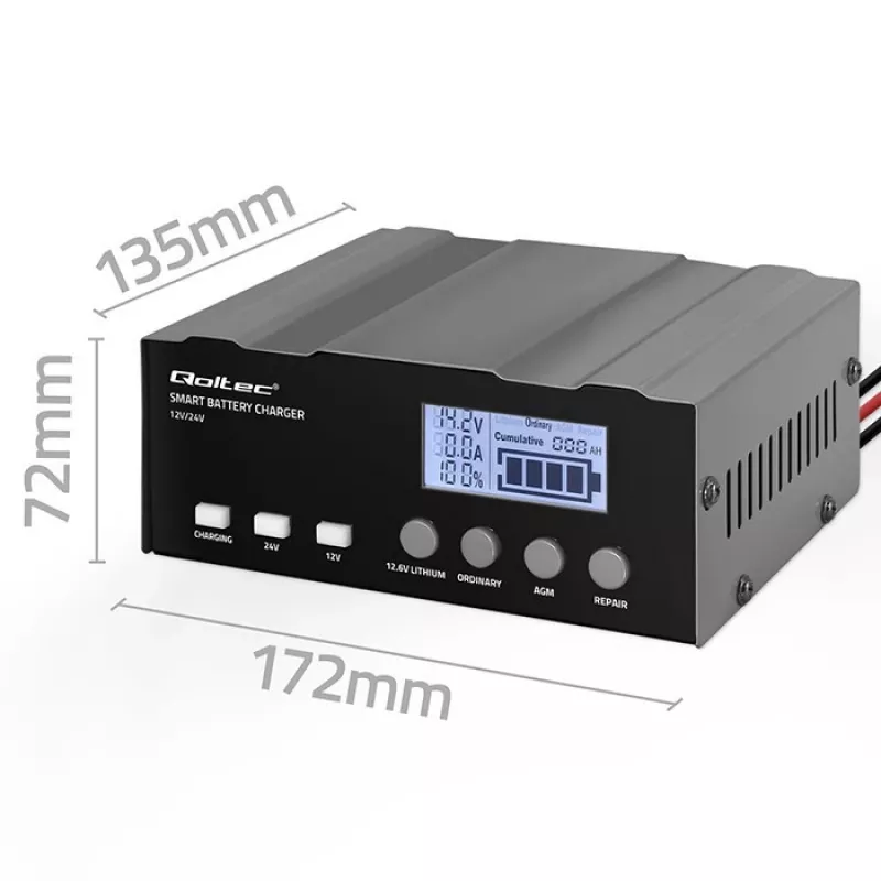 Akkulaturi QOLTEC 52491 mikroprosessori 12V/12,6V/24V LCD-näytöllä