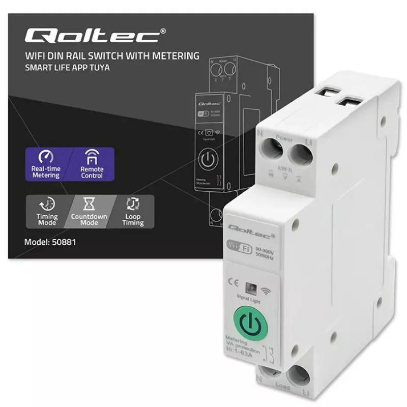 DIN-kiskorele WLAN QOLTEC 50881 — verkkovaihtorele 63A sähköasennuksiin