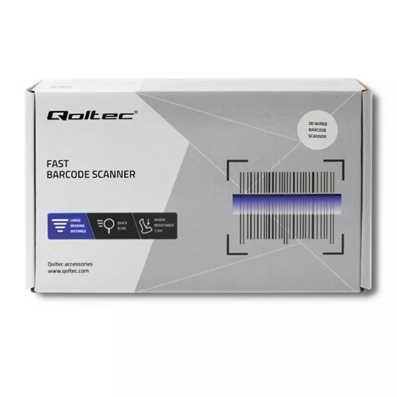 Käsikäyttöinen viivakoodinlukija QOLTEC 50863 — 1D/2D-skanneri, USB johdollinen, LED-anturi, musta, 5V, 1,8 m kaapeli