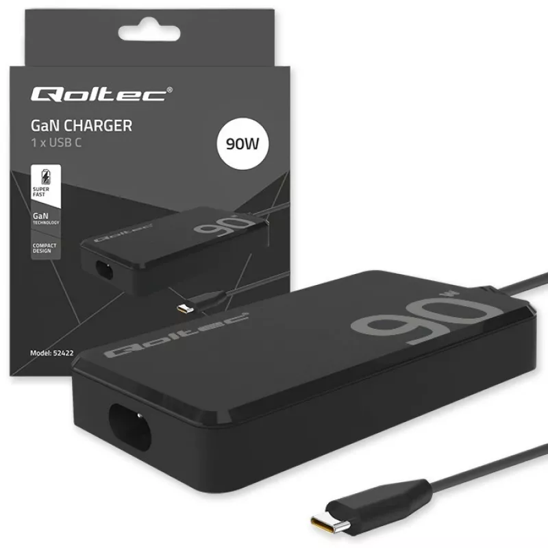 Qoltec 90W GaN Super Fast SLIM seinälaturi | XP | 5-20V | 4,5A | USB-C 3.1 | kannettava | MacBook | älypuhelin | + kaapeli