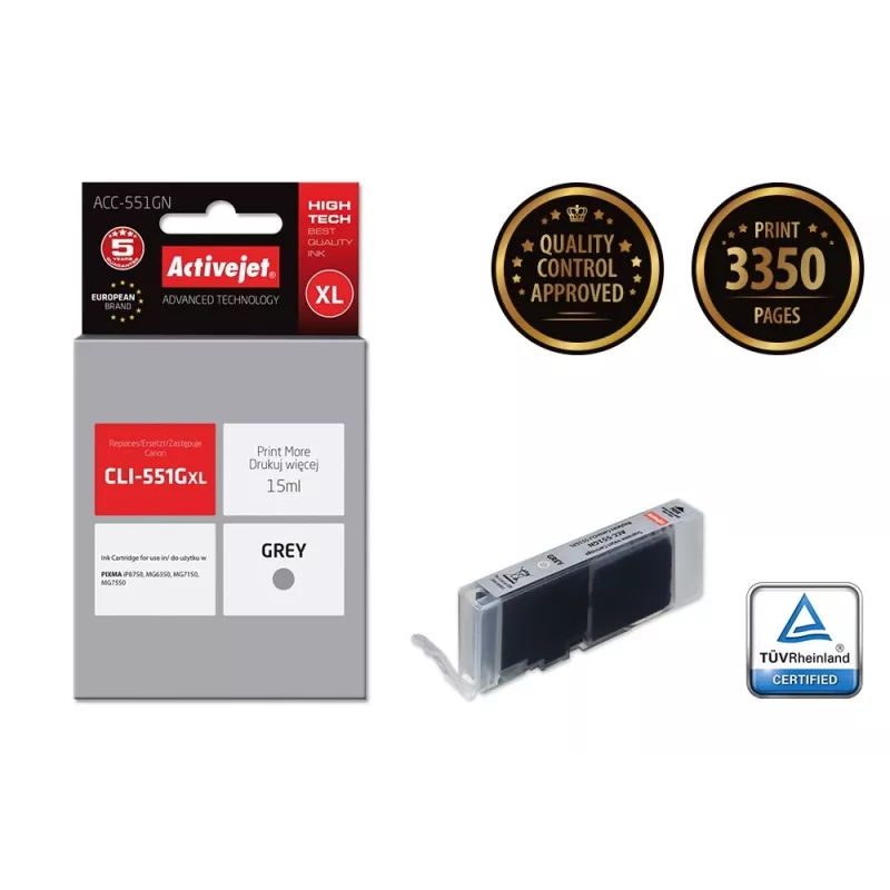 Mustepatruuna ActiveJet ACC-551GN — yhteensopiva Canon CLI-551GXL, harmaa, High (XL) 15 ml
