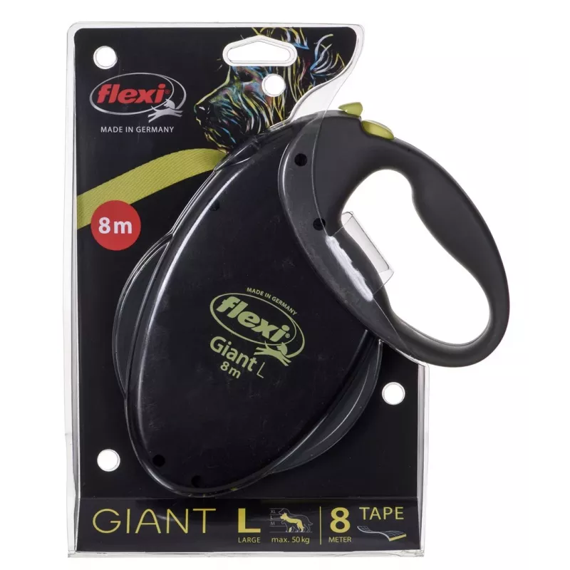 flexi Giant L koiran automaattihihna, 8 m hihna, musta/keltainen