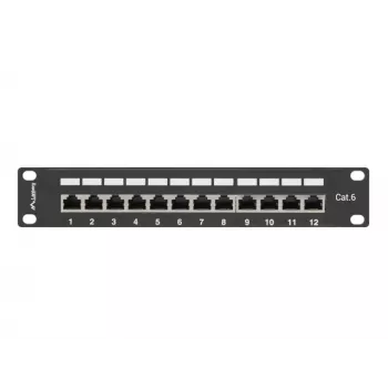 Patch-paneeli LANBERG PPF6-9012-B — 12-porttinen RJ45, metalli, musta, 1U (215×44,5×130 mm)