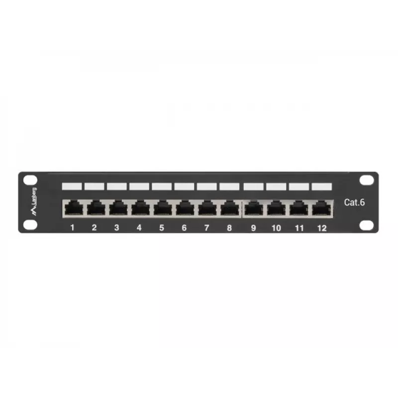 Patch-paneeli LANBERG PPF6-9012-B — 12-porttinen RJ45, metalli, musta, 1U (215×44,5×130 mm)