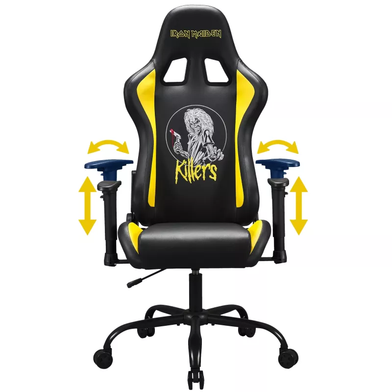 Subsonic SA5609-IM1 Pro Iron Maiden Killers pelituoli, 3D-käsinojat, tekonahka, kallistus 90°–135°, 120 kg, musta keltaisella kirjonnalla