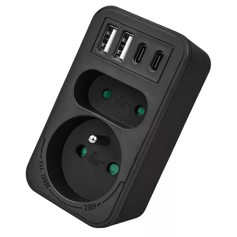 Virranjakaja MACLEAN MCE249 F/B – 2 AC-pistorasiaa (16A + 6A) ja 2×USB-A ja 2×USB-C PD 20W, EU-pistoke, musta