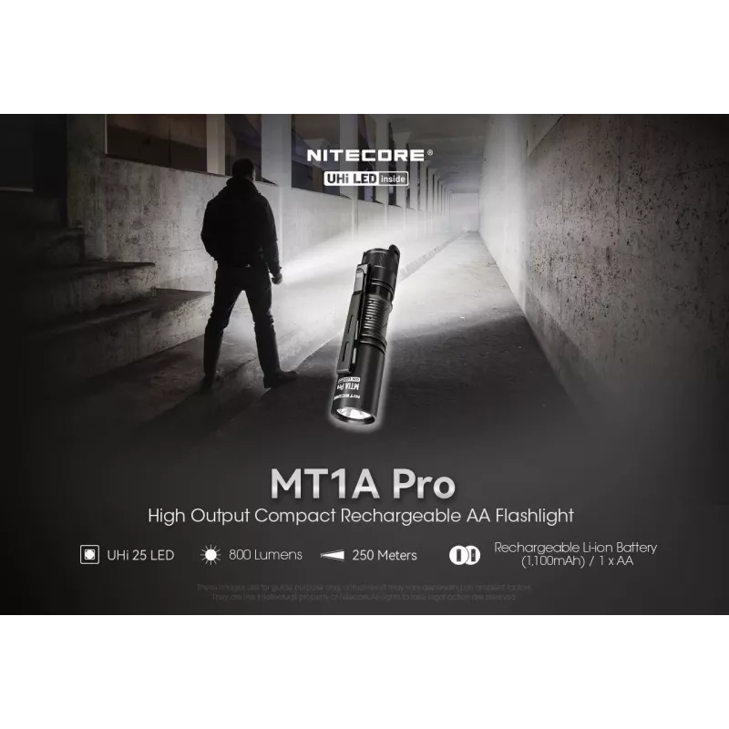 Käsivalaisin Nitecore MT1A Pro — LED 50 lm, USB ladattava, 1100 mAh, alumiini, vedenpitävä, iskunkestävä, musta