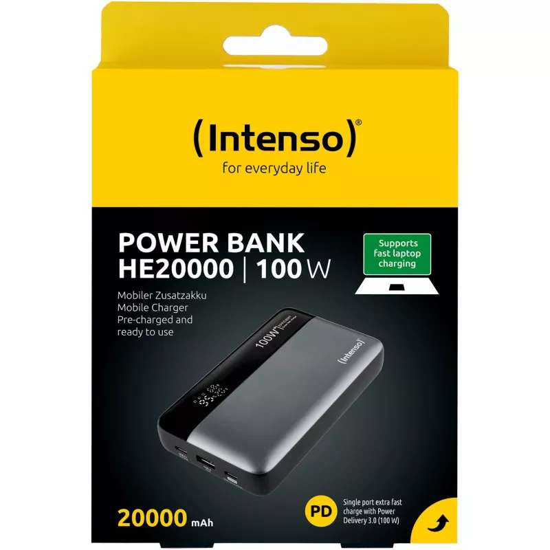 Powerbank INTENSO 7350050 — 20000 mAh, 1× USB-A + 2× USB-C, 100 W kokonaislähtöteho, musta/harmaa
