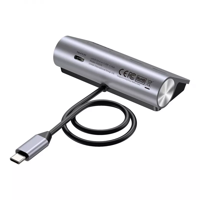 USB-keskitin Unitek H1337AGY01 – 4 porttia (2×USB-C, 2×USB-A), jopa 5 Gbit/s per portti, alumiini, hopea