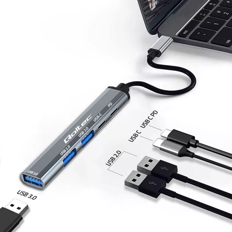 Qoltec 53790 keskitin sovitin USB-C 3.1 5in1 | USB-C PD | USB-C | 2x USB 2.0 | USB 3.0