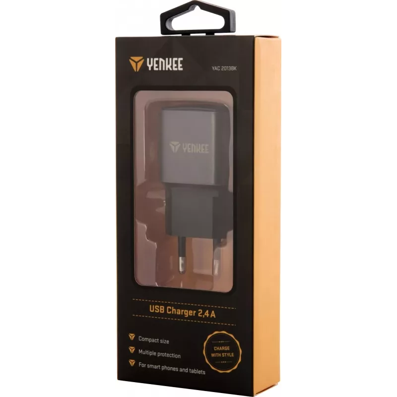 Verkko-USB-A-laturi YENKEE YAC 2013BK — 12 W, 2,4 A lähtö