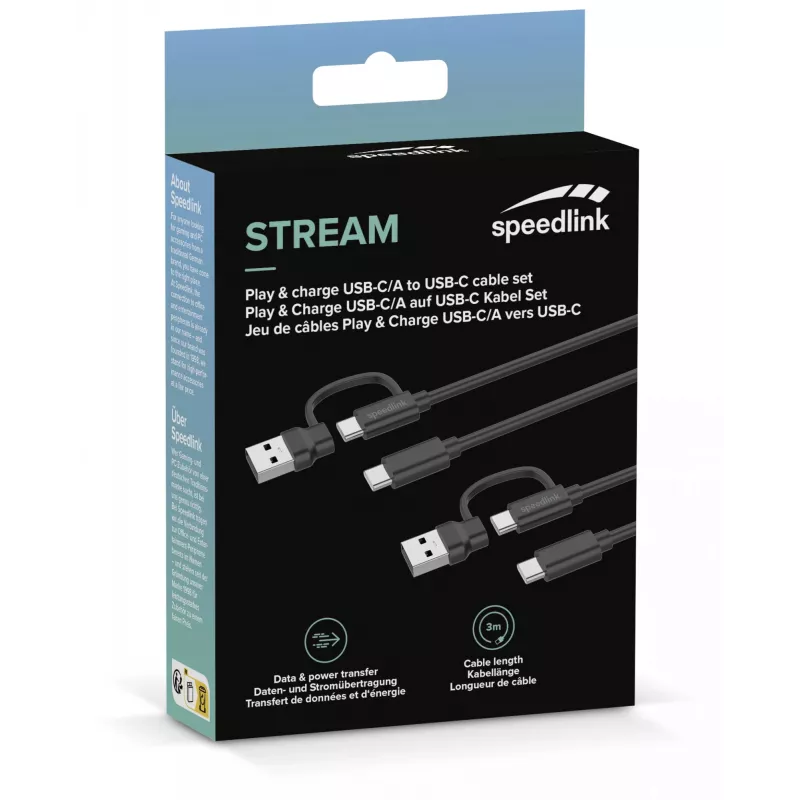 USB 3.2 Gen 1 (3.1 Gen 1) kaapeli Speedlink SL-460101-BK, 3 m, USB A/USB C - USB C, musta