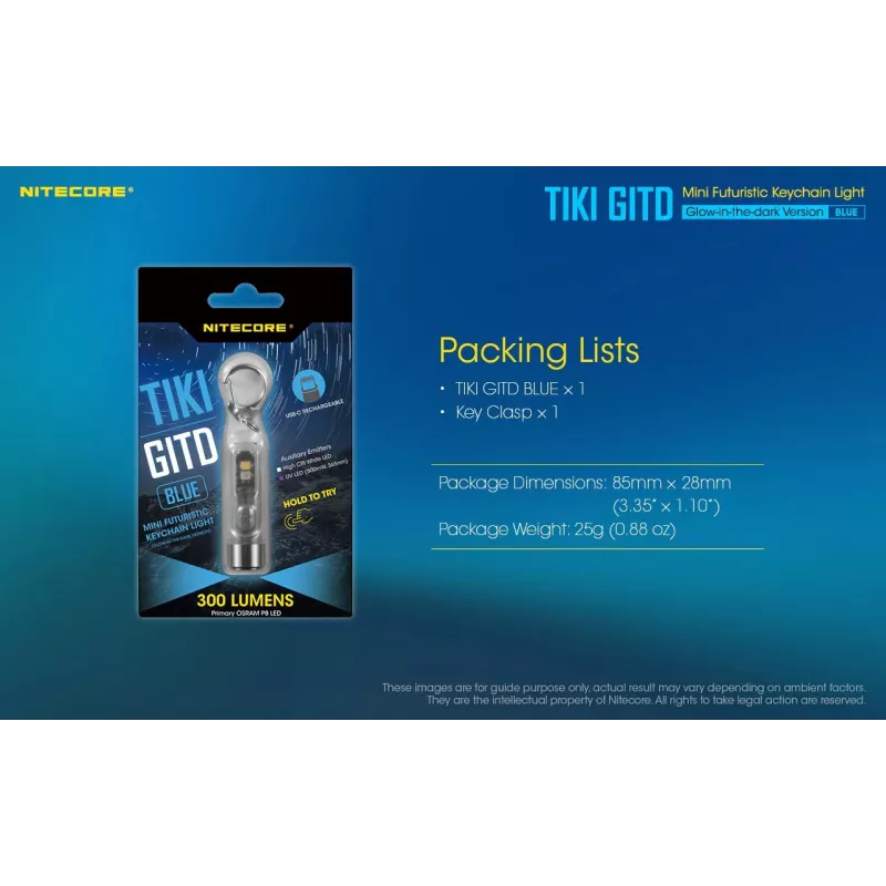 Nitecore TIKI GITD BLUE taskulamppu, T-sarja, 300 lumenia