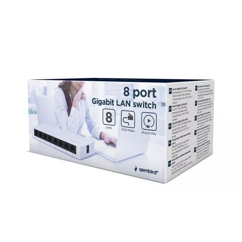 Hallitsematon kytkin GEMBIRD NSW-G8-01 – 8× Gigabit Ethernet (10/100/1000), valkoinen, DC 5V