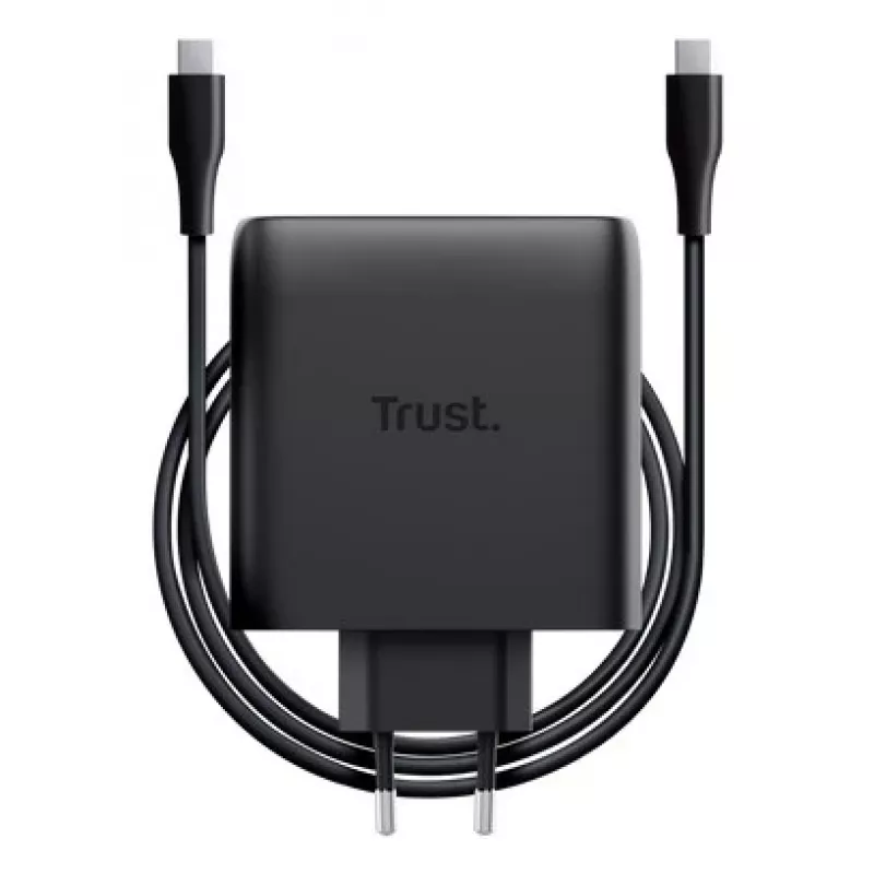 TRUST Maxo 100W 2-porttinen USB-C GaN laturi — 100 W, 2× USB-C, max. 20 V, 2 m kaapeli, musta