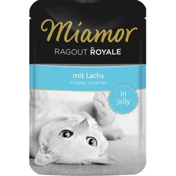 Märkäruoka kissoille Miamor Ragout Royale hyytelössä lohi 100 g — aikuinen, 82 kcal/100 g, proteiini 8 %, rasva 5 %, kosteus 82 %