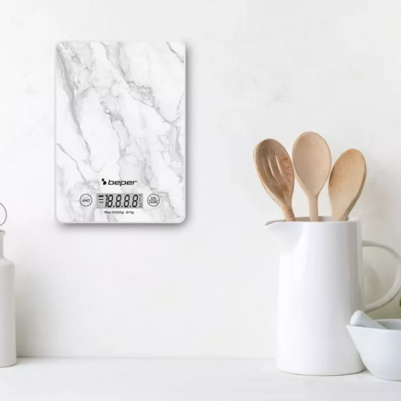 Keittiövaaka Beper P102BIL004 - digitaalinen, 5 kg, 1 g, valkoinen marmori