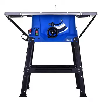 Pöytäsirkkeli Scheppach HS100S Special Edition — 2000 W, 250 mm terä, 85 mm leikkaussyvyys, 0–45° jiiri, taitettava jalusta