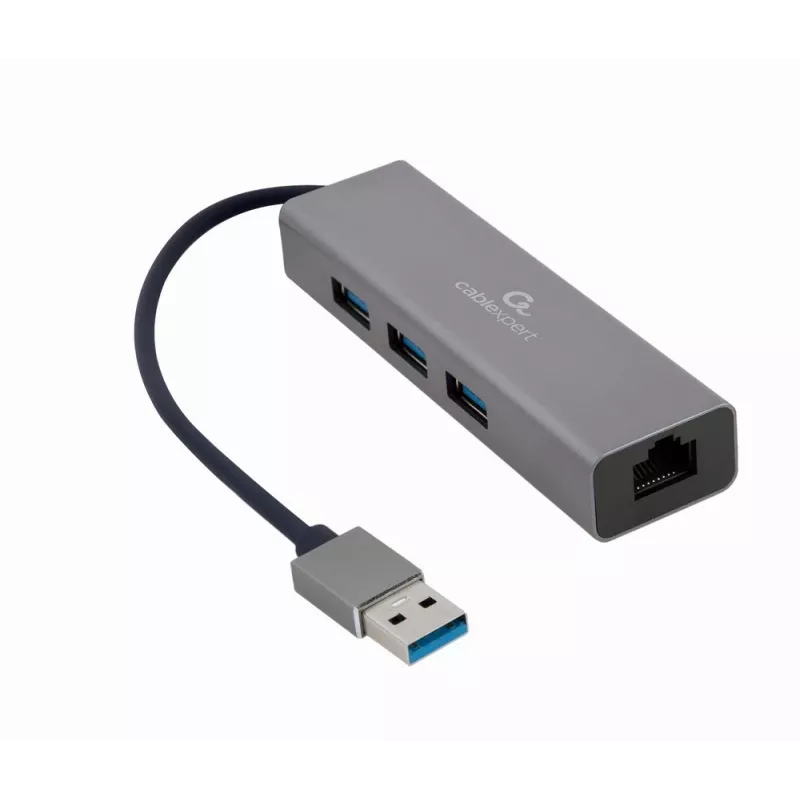 Gembird A-AMU3-LAN-01 USB-A–Gigabit LAN -sovitin 3-porttisella USB 3.0 -keskittimellä, musta