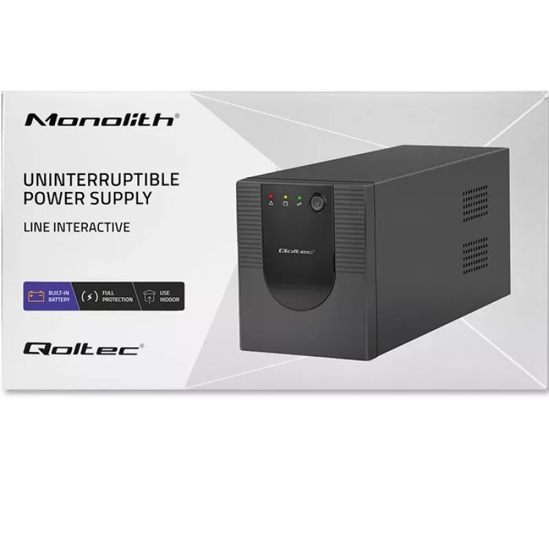 Qoltec Monolith 53775 Line-Interactive UPS-laite, 1200 VA (1,2 kVA) / 720 W, AVR, 4 AC-pistorasiaa, musta