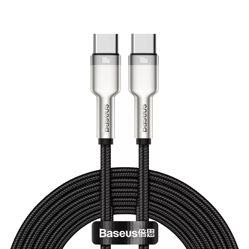 USB-C–USB-C-kaapeli Baseus Cafule Metal – 2 m, 100W latausteho, USB 2.0 (480 Mbit/s), sinkityt koskettimet, musta