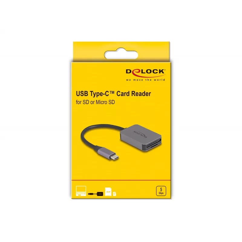 DeLOCK USB Type-C -kortinlukija alumiini SD Micro SD 5000 Mbit/s