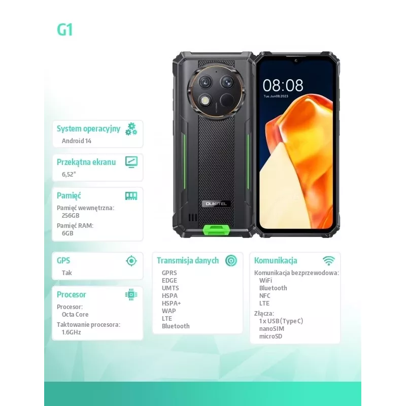 Oukitel G1 6.52 6/256GB 10600 mAh DS. vihreä