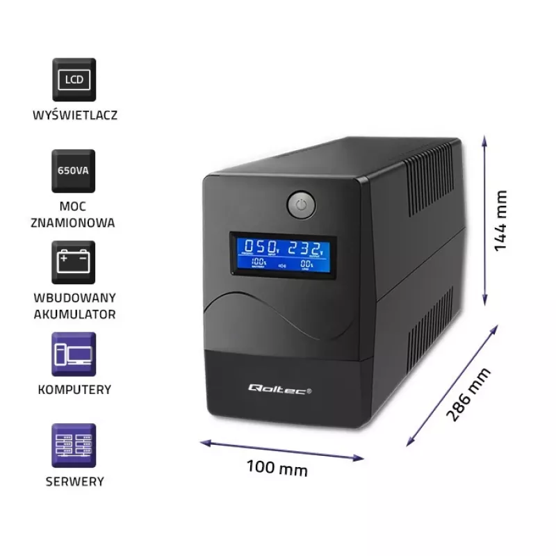 Qoltec Monolith UPS kaksoismuunnos online 0,65 kVA 360 W 2 pistorasiaa
