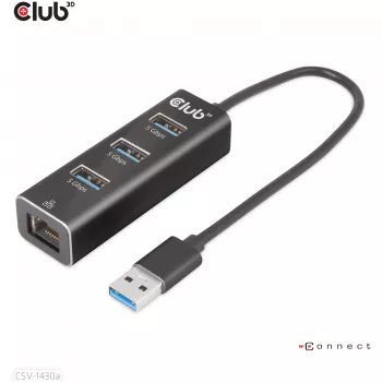 USB-keskitin CLUB3D USB 3.2 Gen1 Type-A 3 liitännällä ja gigabitin Ethernet