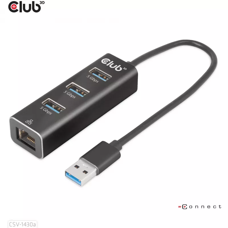 USB-keskitin CLUB3D USB 3.2 Gen1 Type-A 3 liitännällä ja gigabitin Ethernet