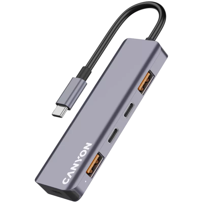 Canyon DS-18 - USB-C-keskitin - 5 porttia - 1x USB-C 5V DC lataus - 2x USB-C - 10 Gbit/s - 2x USB 3.2