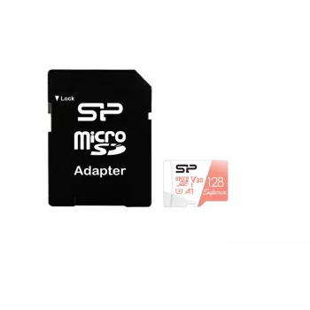 MicroSDXC-kortti Silicon Power Superior 128GB UHS‑I Class 10 U3 V30, 100/80 MB/s, valkoinen/persikka