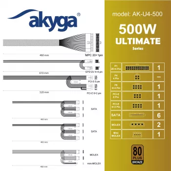 Akyga Ultimate AK-U4-500 ATX-virtalähde 500 W, 80 PLUS Bronze, aktiivinen PFC, 120 mm tuuletin