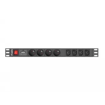 Virranjakoyksikkö LANBERG PDU-04E04I-0200-BK — 4× C13-lähtöä, 16 A, 220–250 V, 2 m kaapeli, 1U vaakasuora, musta