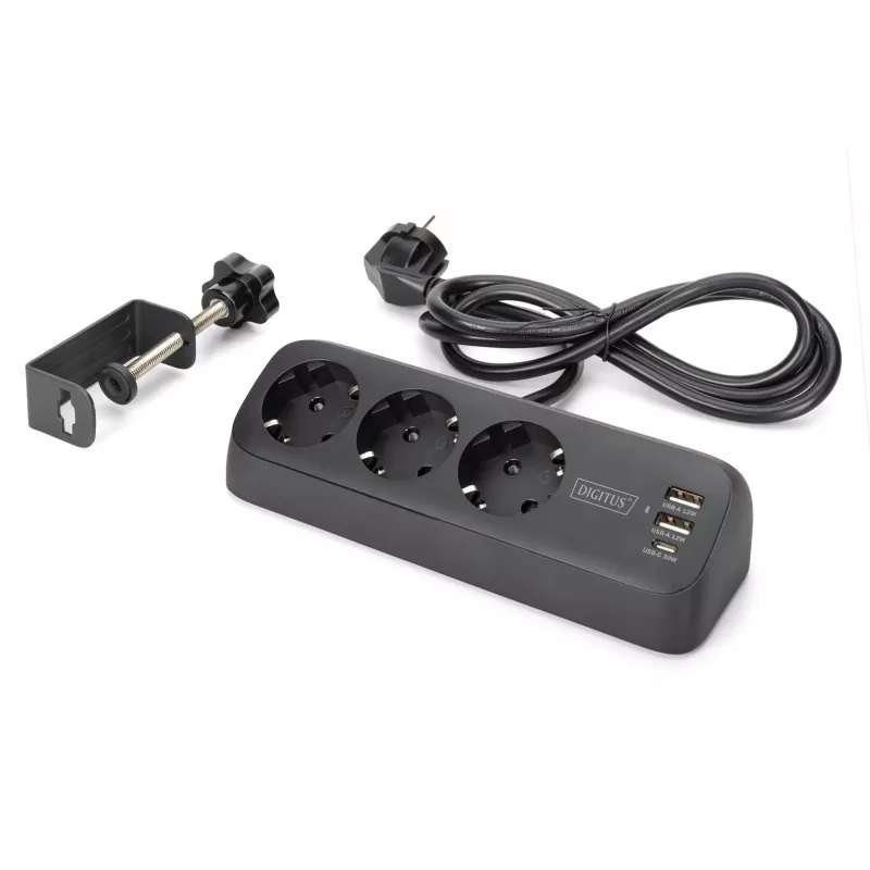 Jatkojohto DIGITUS 3-osainen 2×USB-A & 1×USB-C, 3 AC-pistorasiaa tyyppi E/F, 1,5 m kaapeli, musta