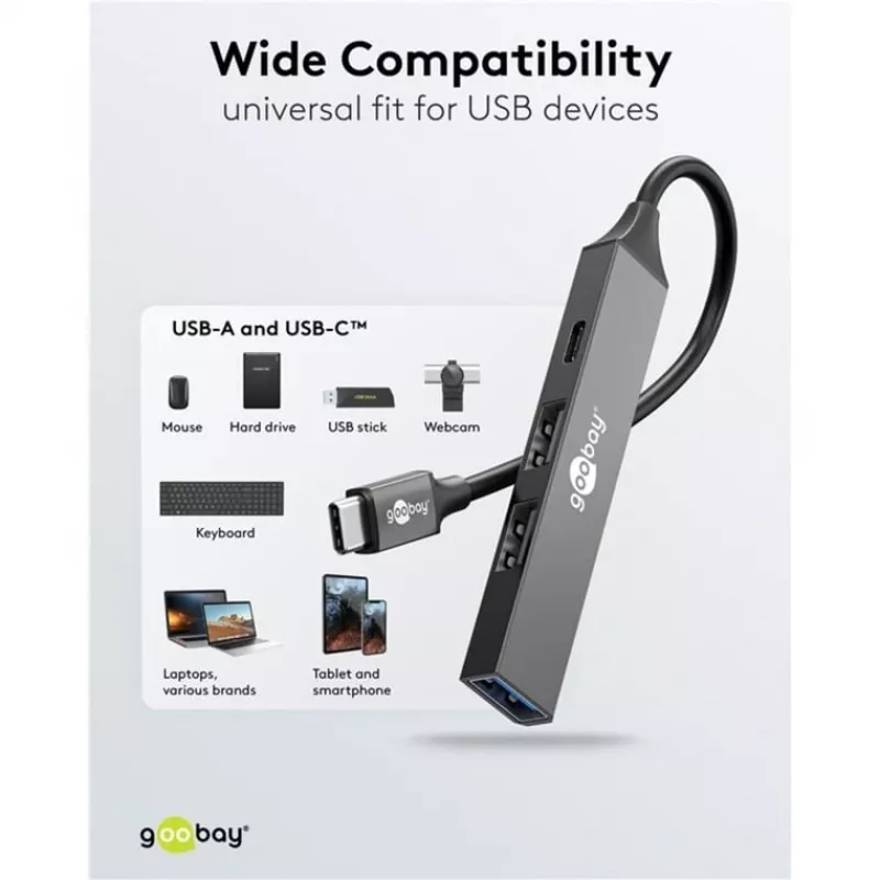 Goobay Slim 4-porttinen USB-keskitin, USB-C™–USB-C™/USB-A, USB 3.2 (74459)