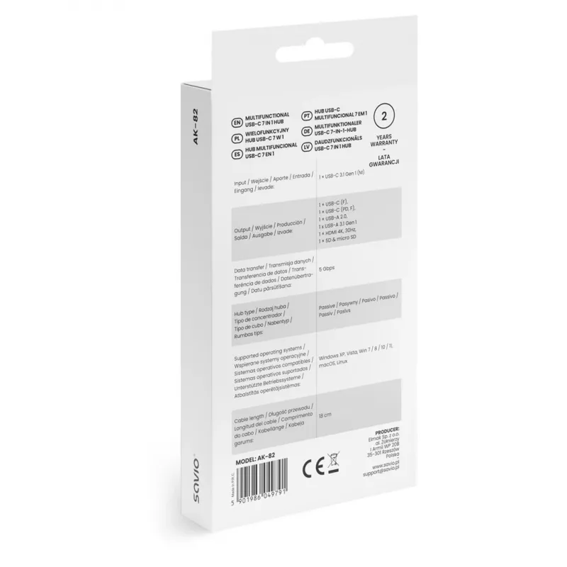 USB Type-C -keskitin SAVIO AK-82 HDMI:llä, MicroSD, USB 3.2 Gen1, PD-läpivienti, 4K@30Hz, 5000 Mbit/s, musta
