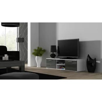 TV-taso cama meble SOHO 140 — 1400×430×370 mm, valkoinen kansi, lastulevy, valkoinen runko, valkoinen/harmaa kiiltävä