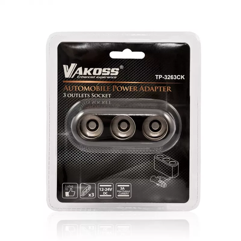 Auton tupakansytyttimen jakaja VAKOSS TP-3263CK — 1–3 12V virtasovitin, 3A lähtö, musta