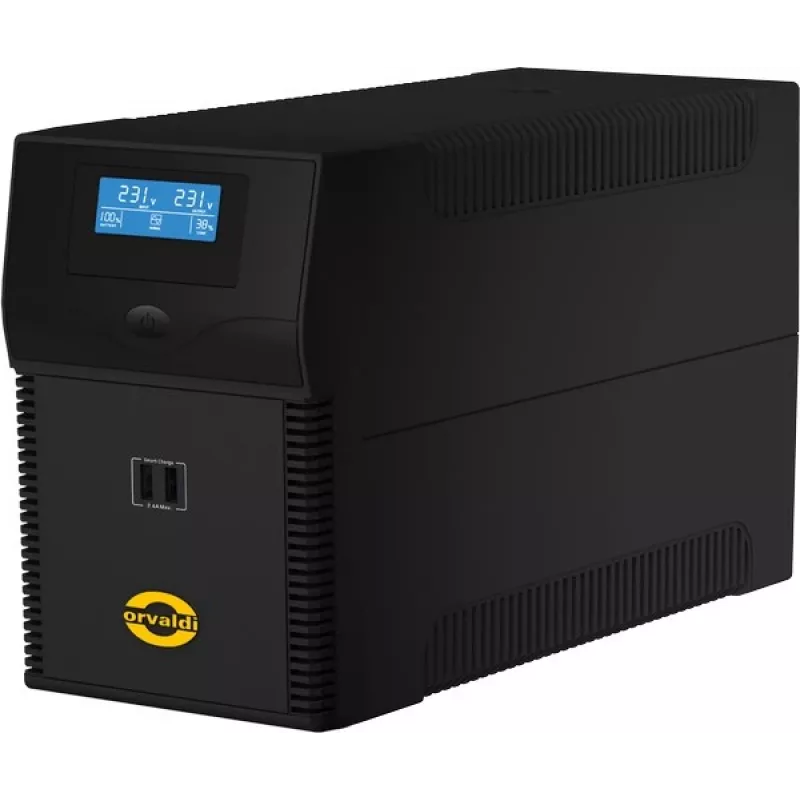Keskeytymätön virransyöttö ORVALDI ID2K0CH Line-Interactive 2 kVA / 1200 W, 24 V, 9 Ah akut, LCD, USB, kompakti musta