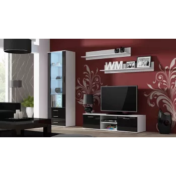 TV-taso cama meble SOHO 140 – 1400×430×370 mm, valkoinen kansi, lastulevy, valkoinen runko, mustat korkeakiiltoiset etulevyt