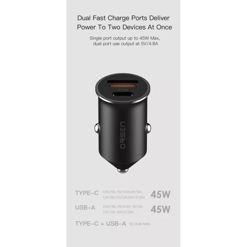 Autolaturi Orsen C8 45W — 45W USB-C PD -pikalataus, musta