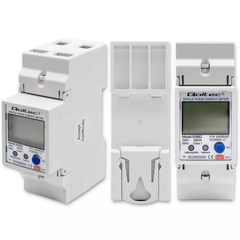 Qoltec 50882 yksivaiheinen elektroninen energiankulutusmittari DIN-kiskoon | Wi-Fi | TUYA | 230V | LCD