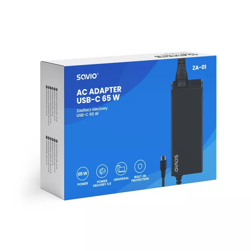 SAVIO ZA-01 -sisäkäyttöinen AC-laturi, 65W USB‑C PD 3.0, 100–240V tulo, yksi liitäntä, musta