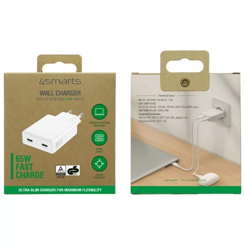 Laturi PDPlug Dual 65W GaN 2xUSB-C valkoinen