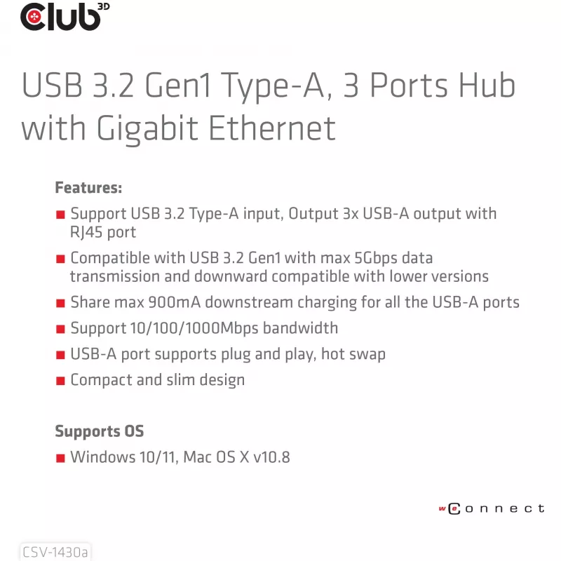 USB-keskitin CLUB3D USB 3.2 Gen1 Type-A 3 liitännällä ja gigabitin Ethernet