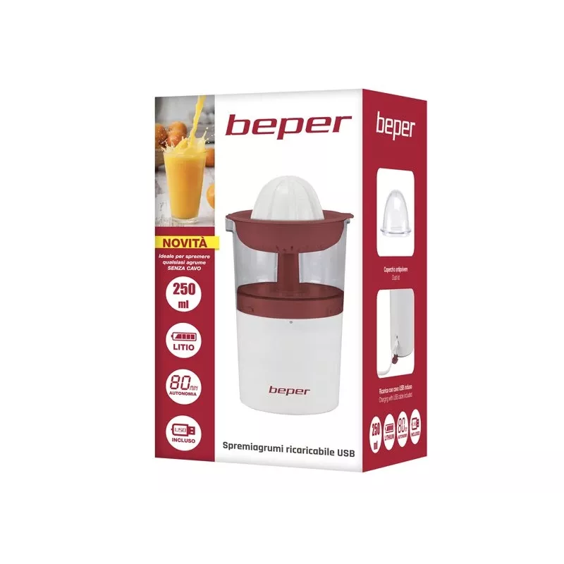 Beper P102EST100 USB-ladattava sitruspuristin, 250 ml, valkoinen/punainen