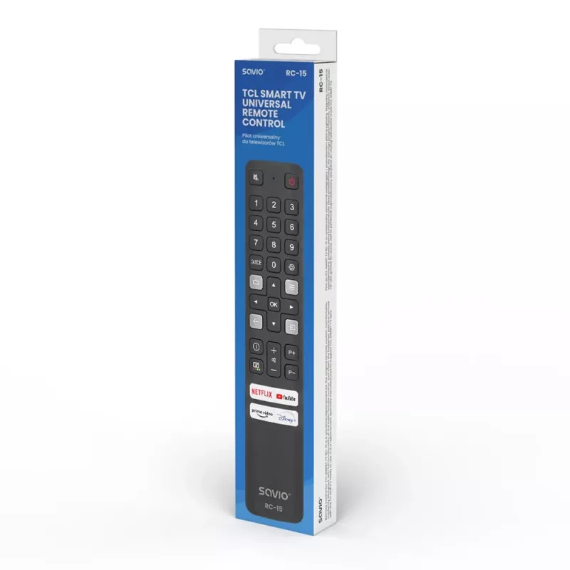 SAVIO RC-15 -yleiskaukosäädin TCL SMART TV:lle, IR langaton, musta, kantama 10 m