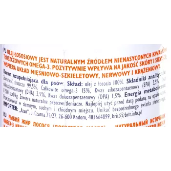 Ravintolisäöljy Brit Care BRIT 1000 ml – iho- ja turkkilisä koirille ja kissoille, 1 l pullo