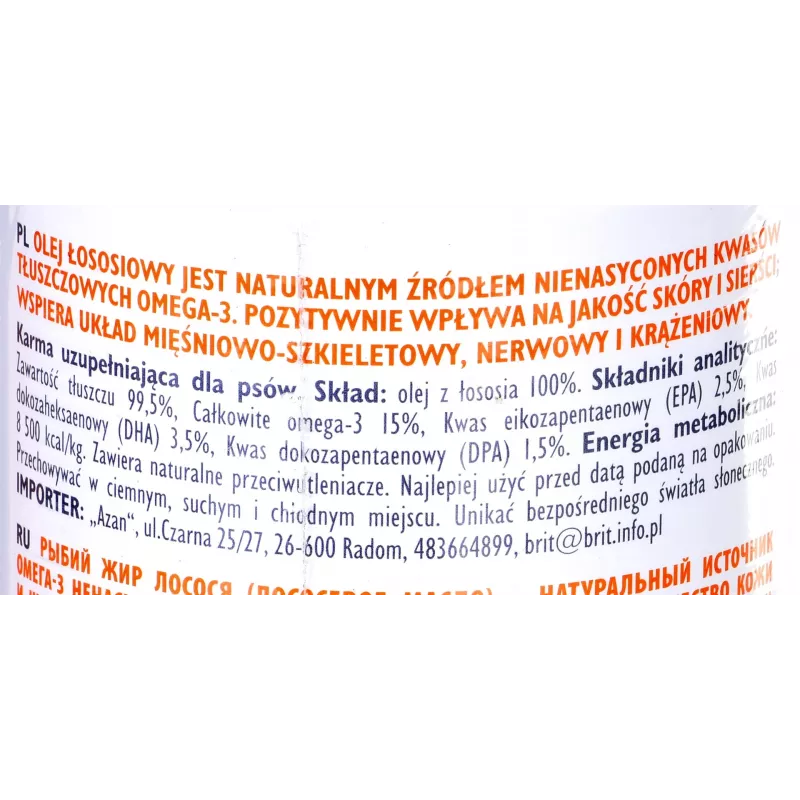 Ravintolisäöljy Brit Care BRIT 1000 ml – iho- ja turkkilisä koirille ja kissoille, 1 l pullo